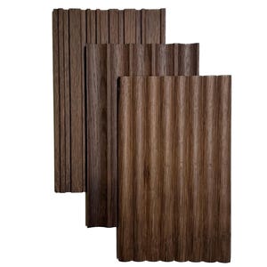 May include: Three wooden panels in shades of brown. The panels feature vertical grooves and ridges, creating a textured surface. The wood grain is visible, enhancing the natural look. The panels are arranged in a layered composition.