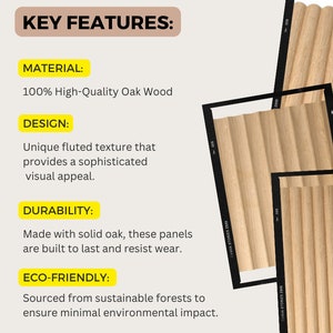 Material: 100% high-quality oak wood with a unique fluted texture for sophisticated visual appeal. Durable and resistant to wear and tear, made with solid oak. Easy-to-follow instructions ensure quick, hassle-free installation. Eco-friendly.
