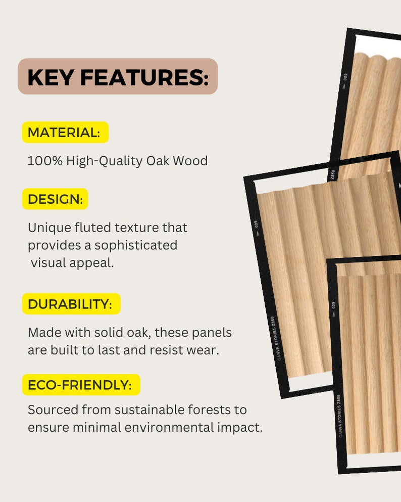 Material: 100% high-quality oak wood with a unique fluted texture for sophisticated visual appeal. Durable and resistant to wear and tear, made with solid oak. Easy-to-follow instructions ensure quick, hassle-free installation. Eco-friendly.