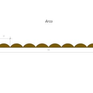 K&ouml;nnte beinhalten: Ein Diagramm, das eine Reihe von sieben braunen Halbkreisen zeigt, die mit "Arco" beschriftet sind. Die Halbkreise sind 13 Zoll breit und 104 Zoll lang.