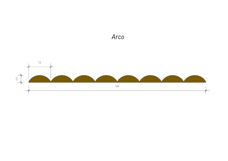 K&ouml;nnte beinhalten: Ein Diagramm, das eine Reihe von sieben braunen Halbkreisen zeigt, die mit "Arco" beschriftet sind. Die Halbkreise sind 13 Zoll breit und 104 Zoll lang.