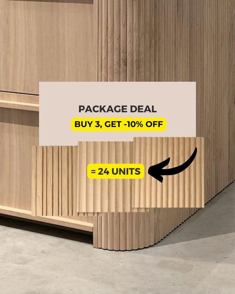 K&ouml;nnte beinhalten: Ein Paketangebot f&uuml;r Holz-Wandpaneele. Kaufen Sie 3 und erhalten Sie 10% Rabatt. Das Paket enth&auml;lt 24 Einheiten der Paneele.