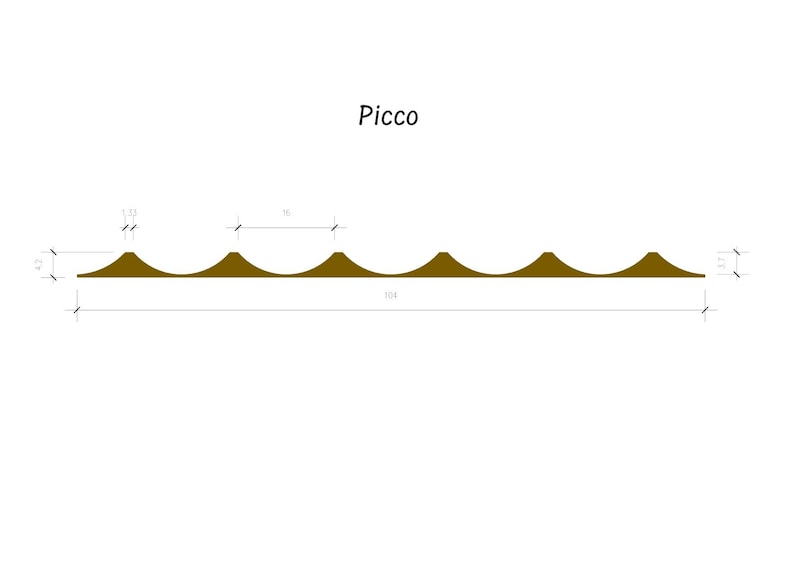 May include: Diagram of a "Picco" trim piece, showing a repeating pattern of brown, rounded peaks. The trim is 10 inches long and 1/2 inch wide.