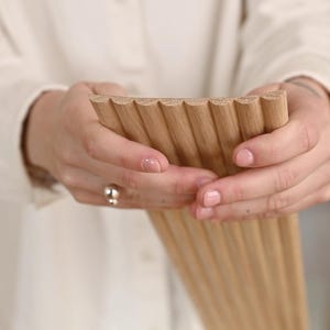K&ouml;nnte beinhalten: Nahaufnahme einer Holzlattenwandverkleidung mit abgerundeter Kante. Die Verkleidung besteht aus d&uuml;nnen, vertikalen Latten, die gleichm&auml;&szlig;ig verteilt sind.