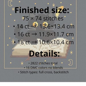 May include: A cross-stitch pattern with a black cat design, featuring the text "Finished size:" and dimensions in centimeters. The details include stitch counts and types, with a gray background and gold accents.