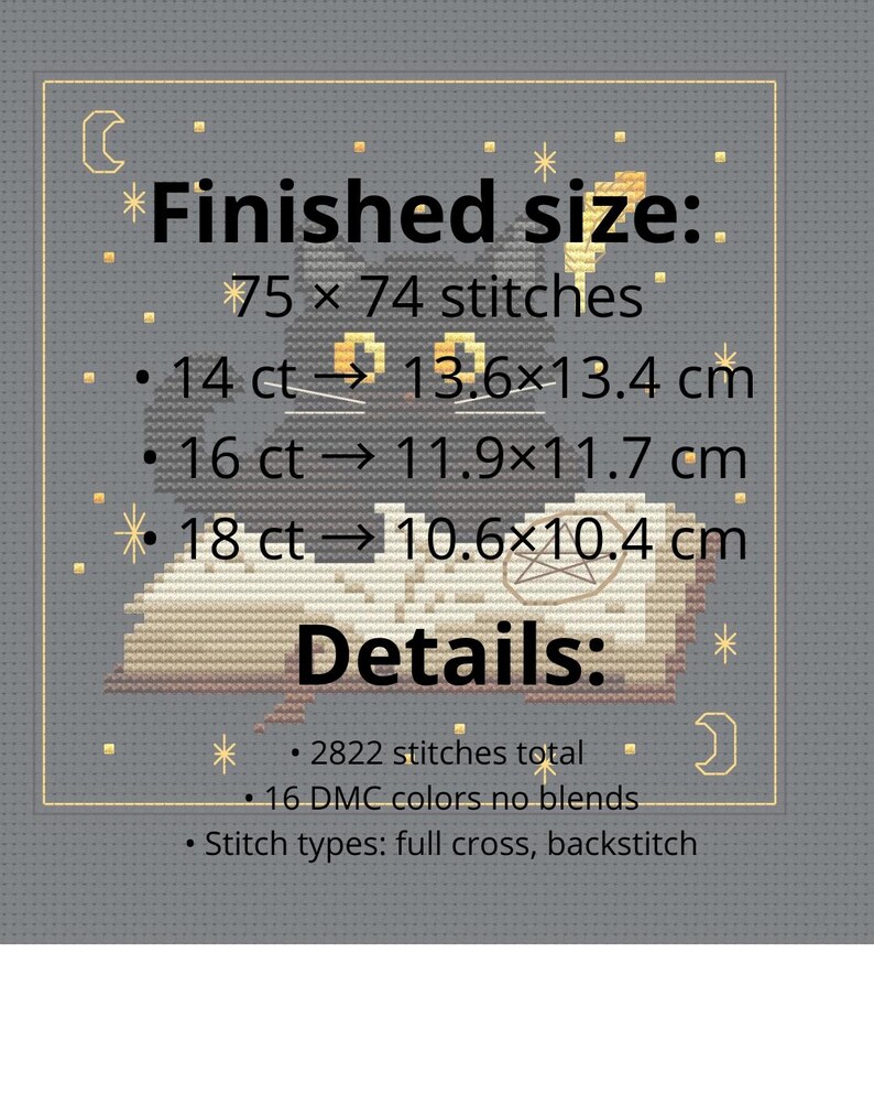 May include: A cross-stitch pattern with a black cat design, featuring the text "Finished size:" and dimensions in centimeters. The details include stitch counts and types, with a gray background and gold accents.