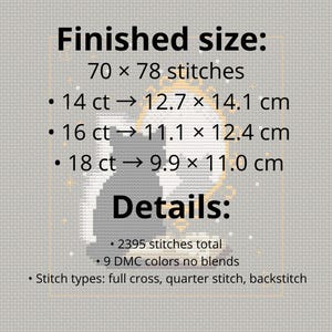May include: Cross-stitch pattern with a black cat silhouette and a golden sun design. The image includes details about the finished size in stitches and centimeters, along with the number of stitches, colors, and stitch types used.
