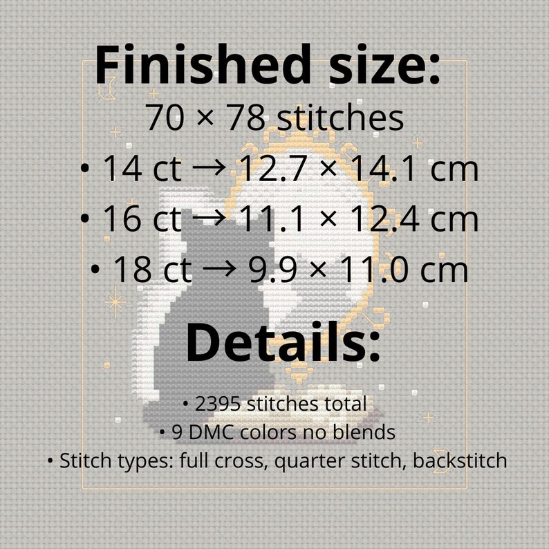 May include: Cross-stitch pattern with a black cat silhouette and a golden sun design. The image includes details about the finished size in stitches and centimeters, along with the number of stitches, colors, and stitch types used.
