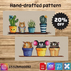 Può includere: Schemi a punto croce con cactus, piante grasse e gatti in vaso. Lo schema superiore presenta un cactus con un fiore blu, un gatto e un vaso a righe. Lo schema inferiore mostra gatti e un topo. Il testo "Hand-drafted pattern" è in alto.