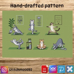 Yoga Cats Cross Stitch Pattern Bundle | 6 söta kattyogadesigner | Modernt broderi PDF-paket Gatos Yoga Punto Cruz | 6 beskyddare Bordado