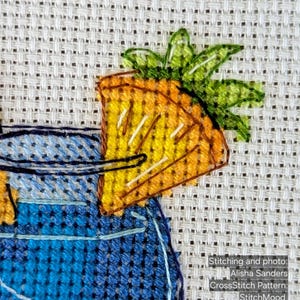 Pu&ograve; includere: Opera d'arte a punto croce raffigurante un cocktail con una fetta di ananas come guarnizione. La fetta di ananas &egrave; gialla e arancione, con foglie verdi. Il bicchiere da cocktail &egrave; blu. Il testo nell'immagine dice "Stitching and photo: Alisha Sanders CrossStitch Pattern: StitchMood."