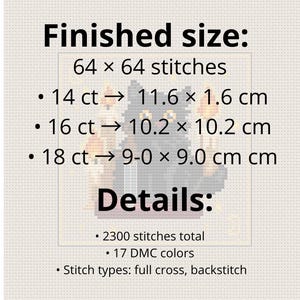 May include: Cross-stitch pattern details with a black cat and candles. The finished size is 64 x 64 stitches. Details include 2300 stitches total, 17 DMC colors, and stitch types: full cross, backstitch.