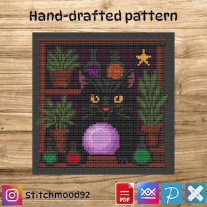May include: Cross-stitch pattern featuring a black cat with yellow eyes holding a purple crystal ball, surrounded by potted plants and bottles. The text "Hand-drafted pattern" is at the top. The Instagram handle "Stitchmood92" is at the bottom.