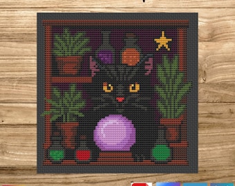 Witch Cat Oracle Cross Stitch Pattern | Crystal Ball Embroidery | Black Cat Familiar PDF | Magical Plants Decor