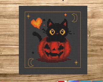 Black Cat in Pumpkin Cross Stitch Pattern | Cute Halloween Embroidery | Kawaii Spooky Cat PDF Pattern