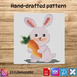 May include: A cross-stitch pattern featuring a white bunny holding a large orange carrot. The bunny has pink ears and a pink nose. The words "Hand-drafted pattern" are at the top. The Instagram handle "Stitchmood92" is at the bottom.