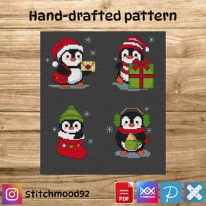 May include: A cross-stitch pattern featuring four festive penguins. Each penguin is dressed in holiday attire, holding a gift, letter, or wearing earmuffs. The text "Hand-drafted pattern" is at the top, with the Instagram handle "Stitchmood92" at the bottom.