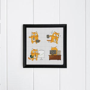 Funny cat cross stitch pattern | Cat at work cross stitch chart