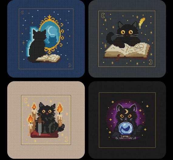 Witch Cat Cross Stitch Set PDF – 4 Magical Black Cat Patterns – Spell Book, Ritual Dagger, Mirror, Crystal Ball – Instant Download