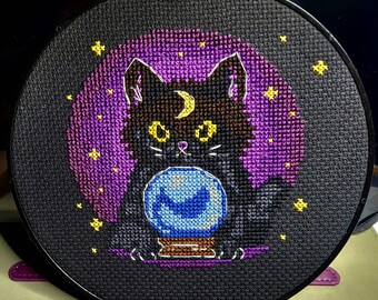 Pixel Familiar – Crystal Gaze | Black Cat Cross Stitch Pattern | Mystic Witch Cat | PDF Instant Download (80x78 stitches) |