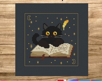 Book of Cats & Spells – Black Cat Cross Stitch Pattern | Witch Familiar Embroidery | Instant PDF Download | StitchMood