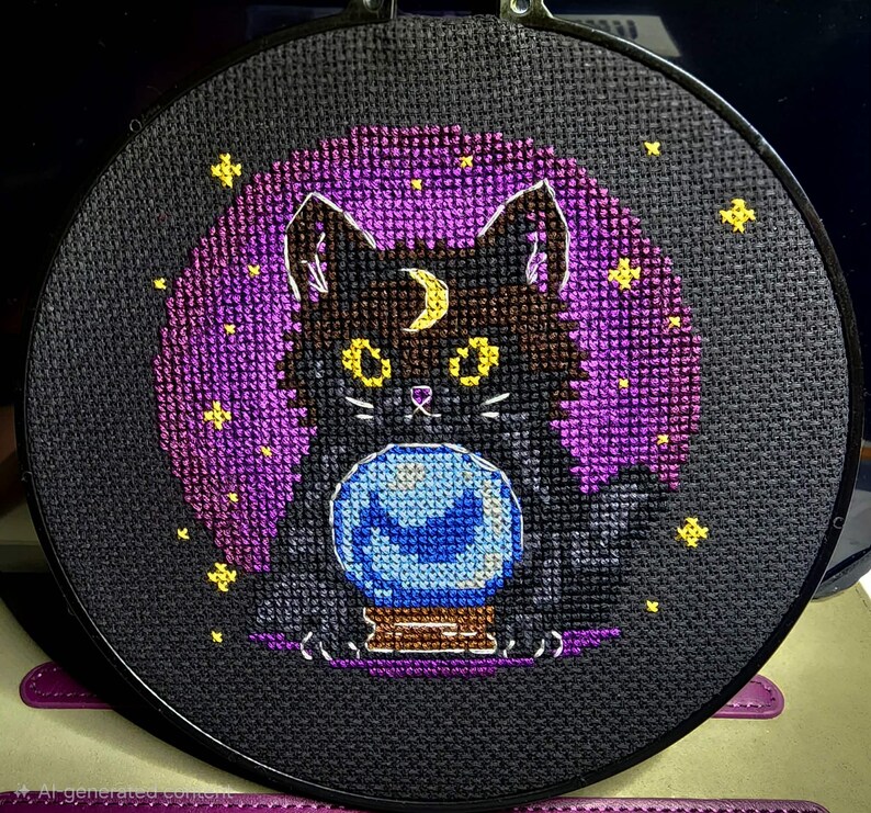 May include: Cross-stitch embroidery in a black hoop. The design features a black cat with yellow eyes and a crescent moon on its forehead, gazing into a blue crystal ball. A purple moon and yellow stars complete the mystical scene.