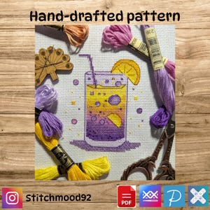 Purple Sunset Fizz – Schema per punto croce con bevanda al limone / Ricamo moderno in PDF / Schema DMC / Estetica estiva