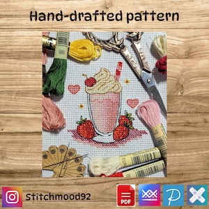 Schema punto croce per frullato di fragole – Ricamo estivo carino in PDF – Panna montata, ciliegie e frutti di bosco – Kawaii Drink Hoop Art