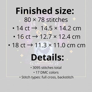 May include: A graphic with text detailing cross-stitch project specifications. The finished size is 80 x 78 stitches. Details include stitch count, DMC colors, and stitch types. Measurements are provided in centimeters for different fabric counts.