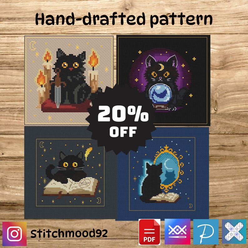 May include: Four square cross-stitch patterns featuring black cats with mystical themes. One cat holds a knife, another gazes into a crystal ball, a third reads a book, and the last looks in a mirror. The text "Hand-drafted pattern" and "20% OFF" are visible.