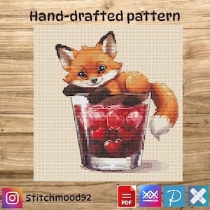 Fox Cherry Drink Cross Stitch Pattern | Valentine Cute Animal Embroidery PDF | Modern Cross Stitch Design