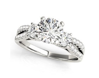 14k White Gold Split Shank 3 Stone Round Diamond Engagement Ring (2 cttw)