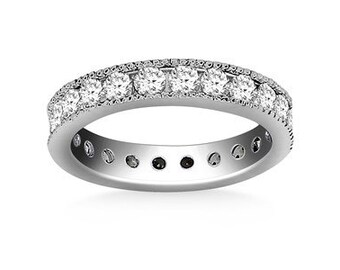 Milgrained Channel Set Round Cut Diamond Eternity Ring in 14k White Gold