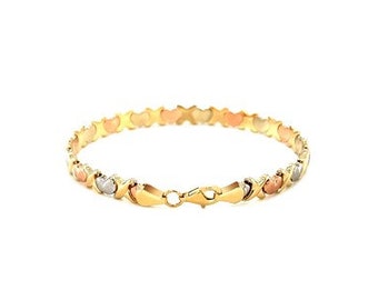 Fancy Satin Heart Line Bracelet in 14k Tri-Color Gold