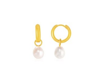 14k Yellow Gold Small Hoop Earrings with Pearls