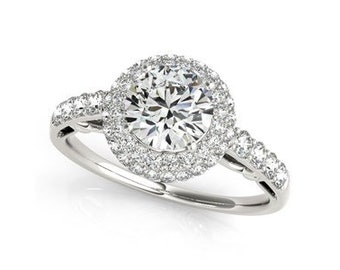 14k White Gold Double Halo Style Round Diamond Engagement Pave Shank Ring (1 1/2 cttw)