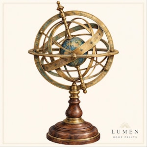 Peut inclure: Une sphère armillaire composée d'un globe central entouré d'anneaux en laiton entrelacés ornés de motifs d'étoiles gravés. L'ensemble repose sur un socle en bois sombre poli. Le texte LUMEN HOME PRINTS est inscrit en bas à droite.