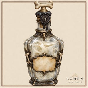 May include: A clear glass bottle with a bone-shaped stopper, a dark wax seal featuring a deer skull, and ornate metallic accents. The bottle has a central blank parchment-style label, bone motifs on the sides, and the text LUMEN HOME PRINTS.