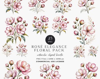 Pink Watercolor Flower Clipart Bundle: Blush & Dusty Rose PNG (Commercial Use Digital Files)