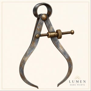 Könnte beinhalten: Ein Messwerkzeug aus Metall im Vintage-Stil mit geschwungenen Beinen in verwitterter, dunkelgrauer Optik. Das Instrument verfügt über eine messingfarbene Stellschraube mit Rändelmutter für präzise Einstellungen. Der Text "LUMEN HOME PRINTS" ist sichtbar.