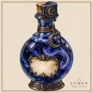 May include: A round glass bottle with a deep blue and purple swirling liquid interior. The bottle features a cork stopper sealed with dark wax, a gold crescent moon charm, a blank ornate label, and a base with gold filigree. Text reads LUMEN HOME PRINTS.