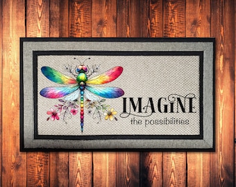 Optional Personalization - Dragonfly Colorful Doormat: Bright Inspirational Greeting, Indoor/Outdoor