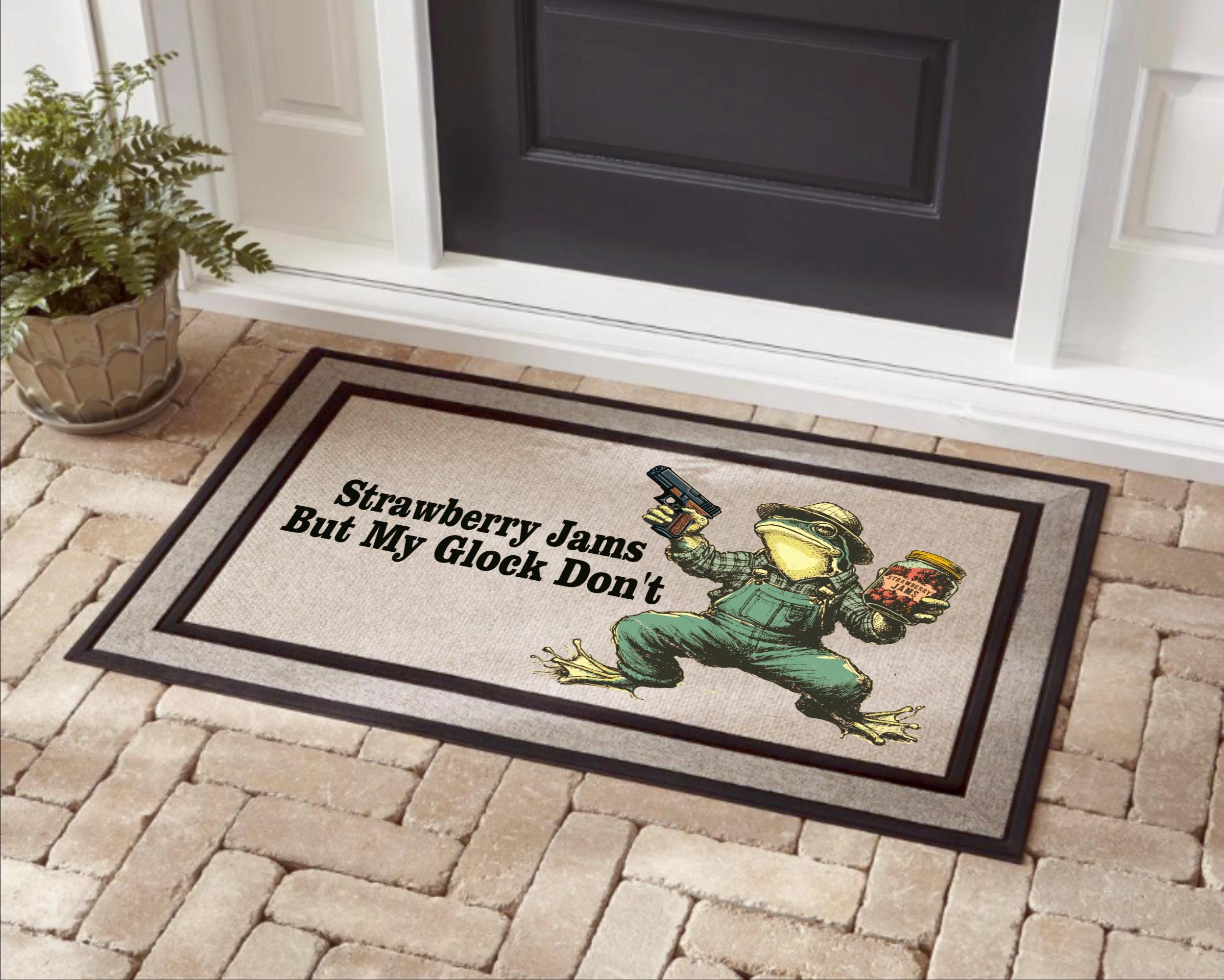 Doormat Whimsical FROG, Greeting With GLOCK Warning, Strawberry 