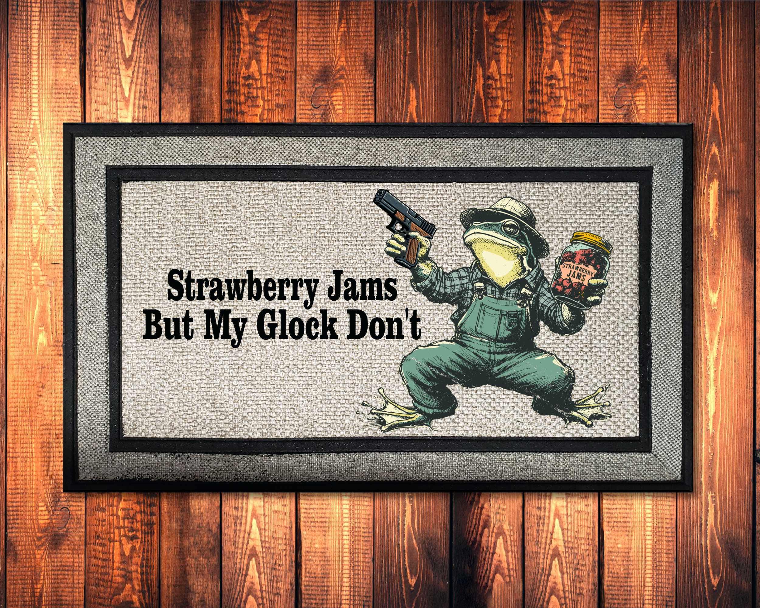Doormat Whimsical FROG, Greeting With GLOCK Warning, Strawberry