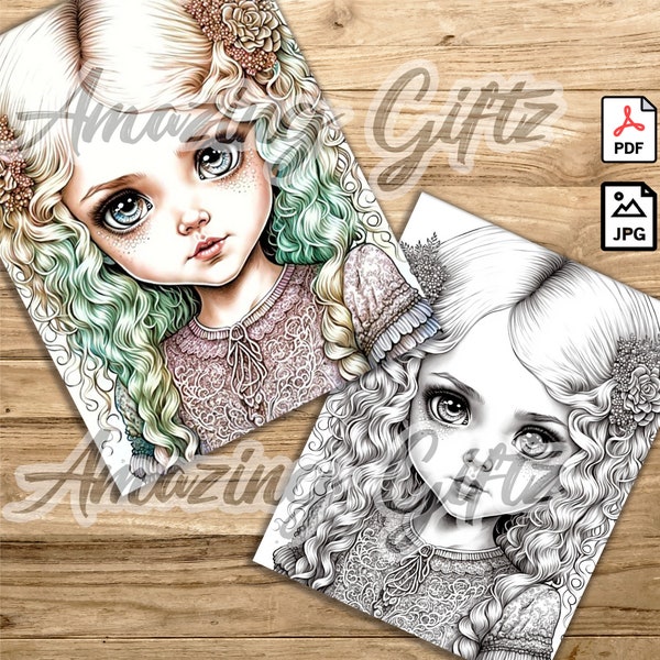 Beautiful Kid Coloring Page For Adults Printable Cute Whimsical Girl Pages Grayscale Coloring Book Page, Procreate Digital Download PDF