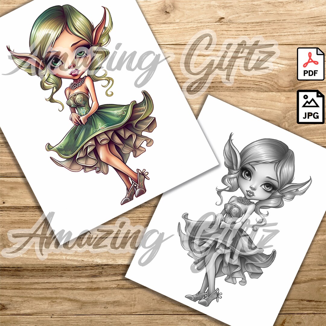 Elf Princess Coloring Page for Adults Printable Fairy Page Grayscale
