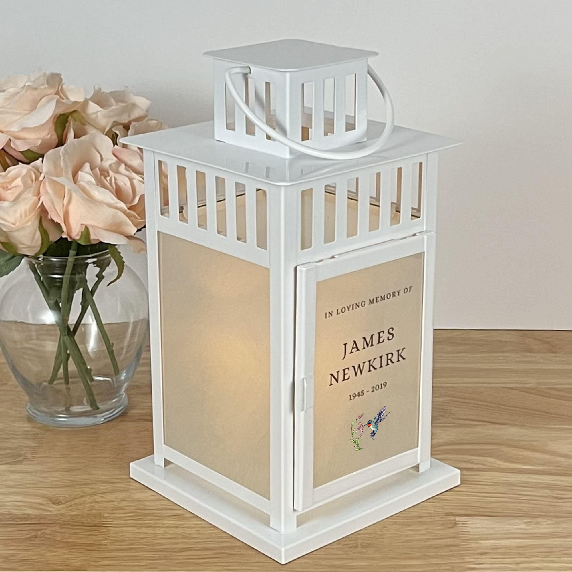 Memorial Candle Lantern With Personalization and a Hummingbird Image