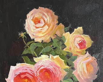 Original Oil Painting, Pink Roses Still Life, Floral Impressionistic Art