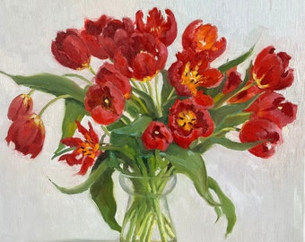 Original Ölgemälde Tulpen Frühling Stillleben Exklusive Geschenk Einzigartiges Haus Dekoration Impressionistisch Signiert Fine Art Handgefertigte Wandbehänge