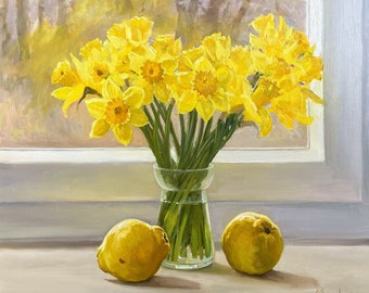 Still Life Flowers Original Oil Drawing Daffodils Classic Gift Unique Home Decoration Impressionistic Signed Fine Art Handmade Wall Hangings